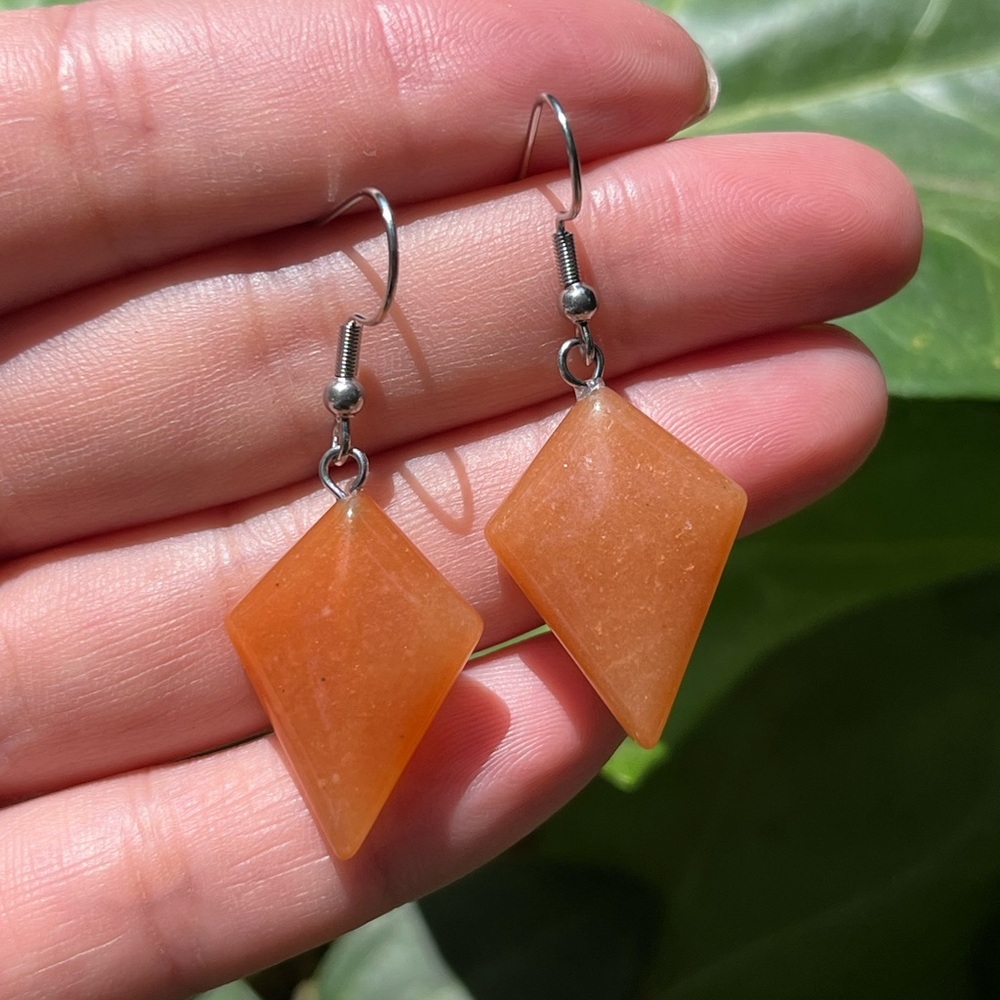 Stainless steel orange aventurine diamond shape drop earrings